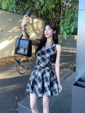 [Original Practice] French V-Neck Hanging Neck Lattice Dress Women's New Summer Temperament To Be Short