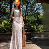 Temperament Princess Style White Lace Folded Sling Dress Women's Summer New Flower-Scuffed And-Coaled Dress