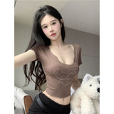 Fashion Sweet And Spicy Wind Hot Diamond U Collar Short-Sleeved T-Shirt Women's Summer Design Tight-Up With Umbilly Short Top