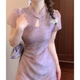 New Chinese Style Young Girl Cheongsam 2025 New High-End Exquisite Flower Hollow Purple Dress