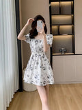 French Collar Ink Painting Broken Flower Dress Summer New Small Super Fairy Waist Thin A Word Short Skirt