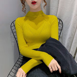 Half-High-Necked Sweater Women's Autumn And Winter New Korean Engraving Lace Mesh Yarn Hollow With Knitted Bottom Shirt Women's Top
