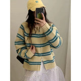 KANING Korean Striped Double Zipper Knitted Cardigan 2026 Autumn New Women's Short Round-Neck Sweater Jacket
