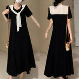 Lace Stitching Black And White Crash Fake Cape Navy Dress Women's Summer French College Style Loose A-Word Dress