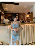 Blue Sling Babes Dress Women Summer New Tie Dyed Sexy Style Design Open Forked Ass Hips Long Skirt
