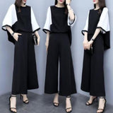 Fashion Spring And Summer Casual Style Set Splicing Color Loose Seven-Sleeve Round Neck T-Shirt Top + Wide Leg Pants