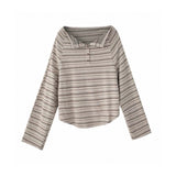 Lazy Wind Collared Shoulder-Striped Women's Spring And Autumn Long-Sleeved Loose T-Shirt Retro Wasteland Casual Blouse