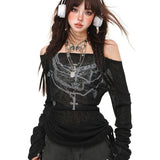 Hottie Style Printed A Word Shoulder Long-Sleeved T-Shirt Girl Autumn Micro-Permeable Mesh Repair Body Thin Inside Clothes