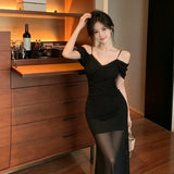 Sexy Hottie Style Solid Color Mesh Folded V-Necked Dress Female Senior Feeling Long Bag Hip Skirt