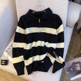 Shopping Mall Withdraws The Ribbon 2025 Spring And Autumn Korean Version Of Polo Striped Sweater Women Loose Retro Knitwear Tide
