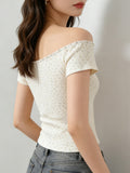 Sexy Pure Lust Thread Word Shoulder Broken Flower Slime Shoulder Short-Sleeved T-Shirt Girl Summer Hottie Thin Bottom Topess Female T
