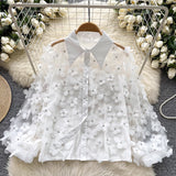 French Heavy Industry Nail Beads Three-Dimensional Flower Long-Sleeved Shirt Women Loose Thin Famous Lady Light Luxury Chic Lantern Sleeve Top