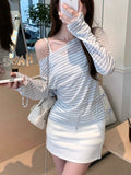 Pure Lusty T-Necked Striped Long-Sleeved T-Shirt Spring And Autumn Thin Lace Splicing To Repair The Shoulder Ins Top Long-Sleeved Woman