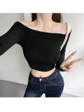 Ins Pure Lusty Umbilly Shoulder-To-Shoulder-Bottom T-Shirt Girl Spring And Autumn Hottie Short-Sleeved Blouse Girl