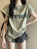 Ins Pure Want To Print The Shoulder Short-Sleeved T-Shirt Women's Summer Korean Version Of The New Loose Round-Neck Short-Sleeved Bottom Women's T-Shirt Tide