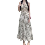 Vintage Ink Painting Print V-Neck Sleeveless Dress Women's Summer Sweet Style Temperament A Word Long Dress