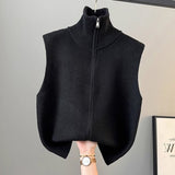 High-Collar Zipper Knitted Vest Vest Women 2025 Spring And Autumn Winter New Loose Folded Horse Clip Sweater Shoulder