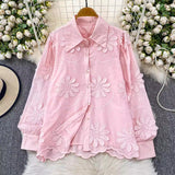 French Niche Three-Dimensional Sunflower Embroidered Collar Long-Sleeved Shirt Women's Autumn 2025 Shirt Loose Thin Top
