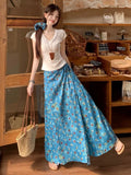 French Blue Oil Painting Floral Dress Girl Summer High-Waisted A-Shaped Dress Soft Dress Dress