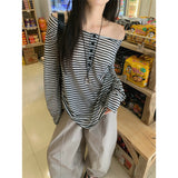 Lazy Wind Design Small Stripe Shoulder Long-Sleeved T-Shirt 2026 Women's Summer Sunscreen Loose Top