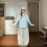 Snowflake Cotton Korean White Striped Fake Two Casual Long-Sleeved T-Shirts Folded V-Necked Women