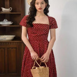 French Retro Generous Collared Wave Dress High Waist White Showing Thin Hepian A Word To Close The Waist Literary And Art Big Dress