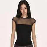 Vintage Mesh Splicing Round-Neck Short-Sleeved T-Shirt Girl Summer New Hot Girl Style Slimming Top