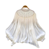 Court Style Niche High-End Feeling Heavy Industry Nails Drill Lantern Sleeve Escre Net Yarn Shirt Women Loose Leisure Top