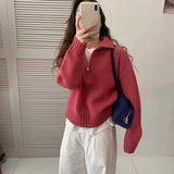 KANING Half-High Collar Half Zipper Red Sweater 2026 Autumn And Winter New Design Sense Loose Knitted Shirt