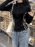 Half-Necked Zip-Up Collar Collar Slimming Bottom Shirt Women Autumn Winter Double Bar Striped Long-Sleeved T-Shirt