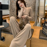Great And Beautiful Autumn Dress A Complete Set Of Salt-Lined V-Neck Temperament Blouse Broad Leg Pants Sports Two Sets