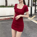 Solid Color Collar Folded Dress Girl Small Man French Temperament Knowledge Wind Close Waist Tight Waist-Body Hip Skirt