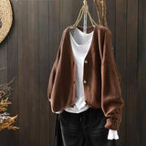 Autumn Literary And Art Collar Loose Solid Cotton Knitted Cardigan Women's Leisure Single-Dcupuncture Short Sweater Jacket