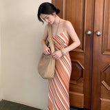French Sexy Orange White Striped Dress Women Summer Waist Thin Open Fork Temperament Holiday Dress Tide