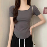 Pure Desire Ins Square Collar Korean Version Of Slimming Short-Sleeved T-Shirt Women's Summer Fashion Short Fashion Thin Bottom Shirt Topess Women T