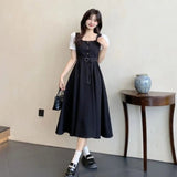 Hepburn Style Colliding Button-Fight Collar Bubble Sleeve Dress Women Summer Waist Light Luxury High Umbrella Skirt Dress