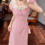 Korean Version Of The Red Lattice Dress Women's Summer New Small Man Looks Unique Beautiful Lace Dress