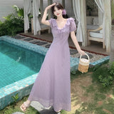 French Gentle Lotus Side V-Neck Bubble Sleeve Dress Summer Holiday Purple Lace Lumbar Texture Dress