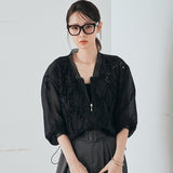 Real Shooting A Large Number Of Goods Summer New Heavy Industry Embroidery Women's Perspective Women's Baseball Lace Shirt Sunscreen Air Conditioning Top