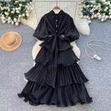 French Retro Court Heavy Industry Nail Drill Lantern Sleeve Strap To The Waist To Show Thin Temperament Lotus Leaf Side Pressure Skirt Dress