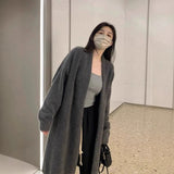 KANING Gray Long Over-Knee Sweater Jacket Woman 2026 Autumn Lazy Wind Thin Knitted Cardigan