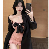 Korean Version Of The Niche Hottie Bow Design Sexy Temperament Twiping Irregular Lotus Leaf Dress Woman