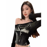 Vintage Hottie Sexy Out-Shoulder Long-Sleeved T-Shirt Girl Spring New Slimming Inside Black Blouse Tide