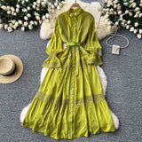 French Court Retro Elegant Dress Women's Collar Horn Sleeves To Close Single Buckle Lace Splicing Large Swing Dress