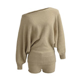 Autumn Maillard Wear Temperament Shoulder Sweater Oblique Shoulder Design Loose Knit Shirt Shorts Two Sets Of Women