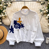 Korean Version Of Embroidery Patch Striped Temperament Shirt Women Summer Long Sleeves Loose Cardigan Design Sense Niche Commuter Top