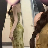 2025 New Retro New Chinese Style V-Neck Hanging Neck Dress Women's Summer Folds To The Waist Of The Hip Dress