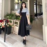 Large-Size College Wind And Fake Two Pieces Of Splicing Dress Women's Summer Fat Mm New Waist Display Thin Word Long Skirt