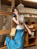 French Blue Oil Painting Floral Dress Girl Summer High-Waisted A-Shaped Dress Soft Dress Dress