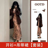 French Temperament Floral Sling Dress With A Dress Women's Autumn And Winter In The Long Dress Morning Autumn Tea Tie Wear A Complete Set Of Clothing